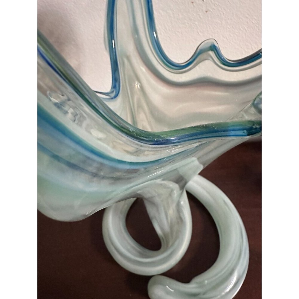 Vintage Murano Style Rare Blue Hand Blown Art Glass Trumpet Sooner Vase-Swirl